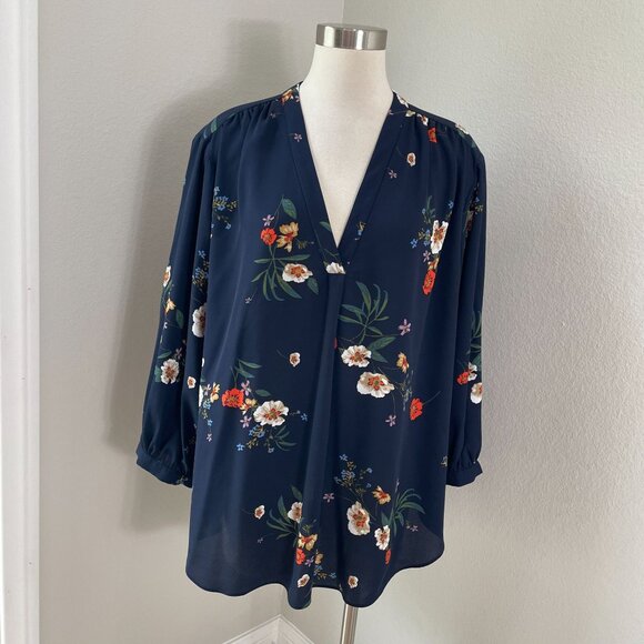 Vince Camuto Womens Plus 3X Navy Floral Blouse V Neck Long Sleeve Tunic Top - Picture 1 of 10
